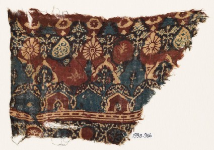 Textile fragment with arches, stylized trees, and rosettesfront