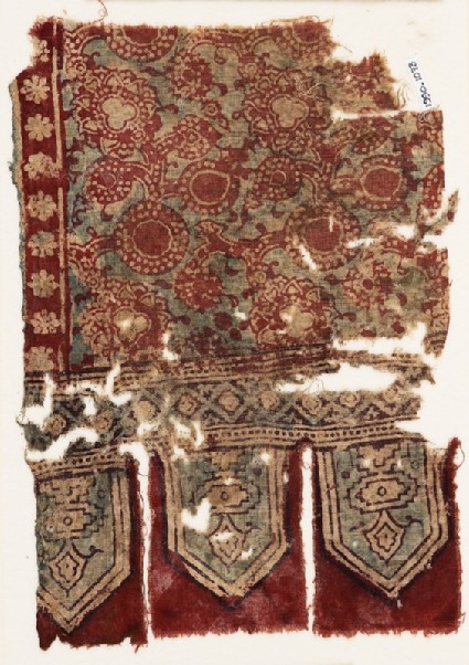 Textile fragment with circles, flowers, and tabsfront