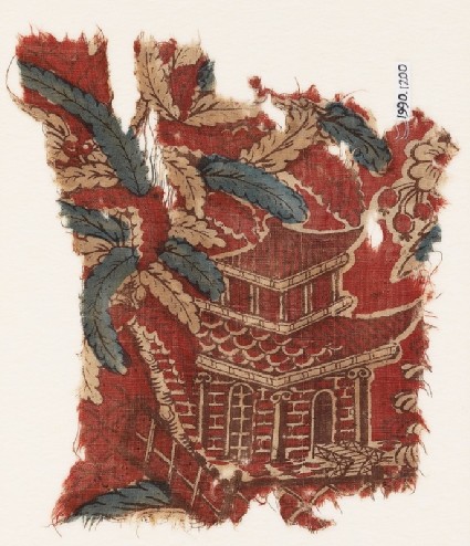 Textile fragment with chinoiserie pavilion, branches, and berriesfront