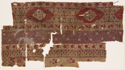 Textile fragment with bands of carnations, grapes, and flower-headsfront