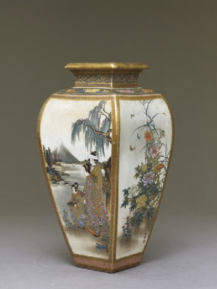 Kyo-Satsuma vase with figures, flowers, and landscape scenesside