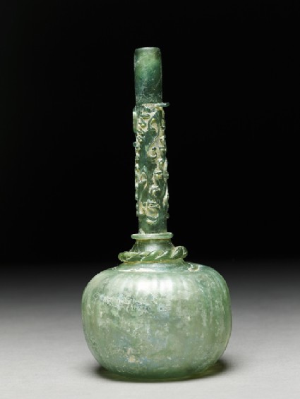 Glass bottle with melon-shaped body and tubular neckside