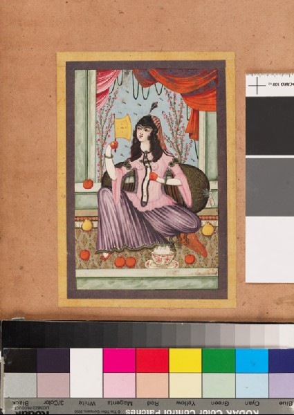 Page from a dispersed muraqqa‘, or album, depicting a reclining girl holding a fanfront