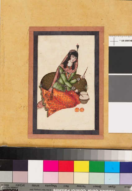 Page from a dispersed muraqqa‘, or album, depicting a seated girl playing drumsfront