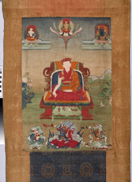 Enthroned red-crowned lama with the Buddha and deitiesfront
