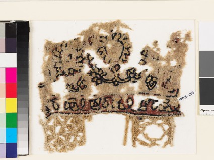 Textile fragment with peonies, leaves, and squaresfront