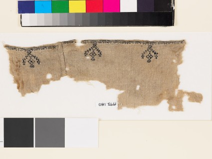 Textile fragment from a garment with stylized birds, trees, and pseudo-kufic inscriptionfront