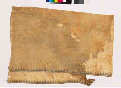 Textile fragment with pear-shaped stylized flowers on stemsfront