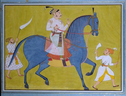 Maharaja Pratap Singh of Sawar riding, with two attendants on footfront
