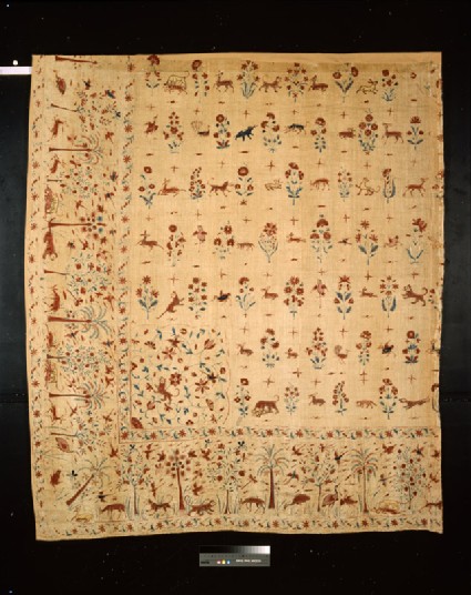 Quarter of a coverlet with animals, birds, flowers, and insects among treesfront