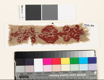 Textile fragment with diamond-shaped medallion and floral shapes, possibly from the neck of a tunicfront