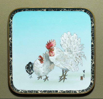 Tray with cockerel, hen, and chicktop