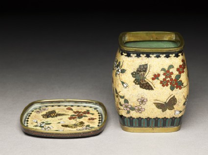 Tobacco jar and stand with butterflies and flowersoblique