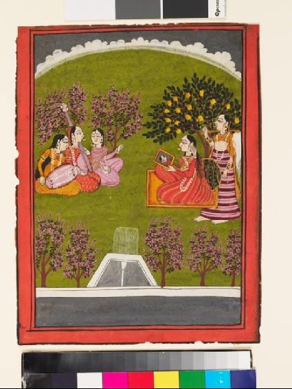 A lady seated with a mirror in a garden, with a maid and three musiciansfront