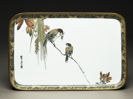 Tray with two sparrows on a branchtop