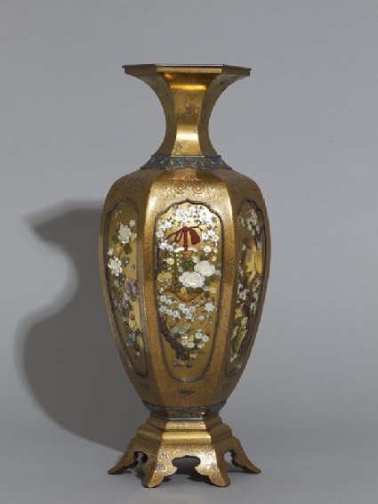Hexagonal baluster vase with flowers and birdsside