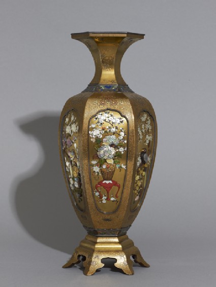 Hexagonal baluster vase with flowers and birdsside
