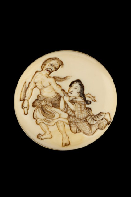 Manjū netsuke depicting the witch of Adachigahara about to attack a young girlfront