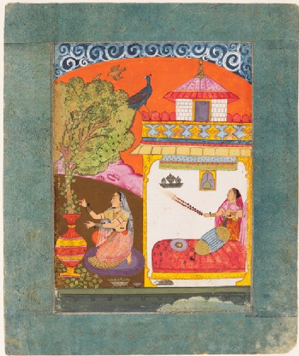 A lady plucking leaves, illustrating the musical mode Gunakali Raginifront