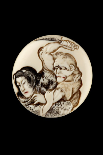 Manjū netsuke depicting the witch of Adachigahara attempting to kill a girlfront