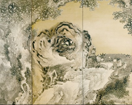 Six-fold screen depicting a roaring tigerfront