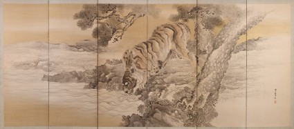 Six-fold screen depicting a drinking tigerfront, front