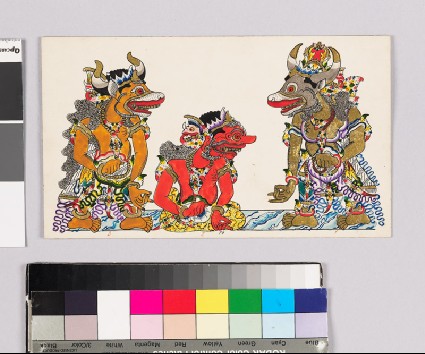 Card with characters from Wayang theatrefront