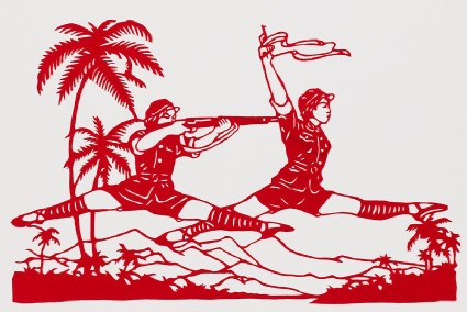 Two figures from the ballet Red Detachment of Women mid grande jetéfront