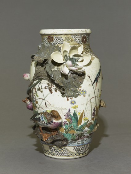 Satsuma style vase with lotus plants and ducksside