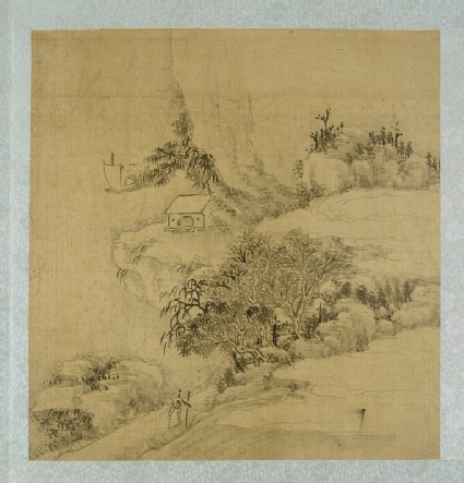 Landscape with a figure holding a walking stick and a boat on the riverfront
