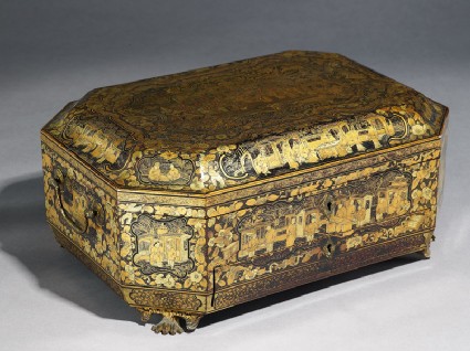 Lacquered sewing box with floral decoration and figuresoblique