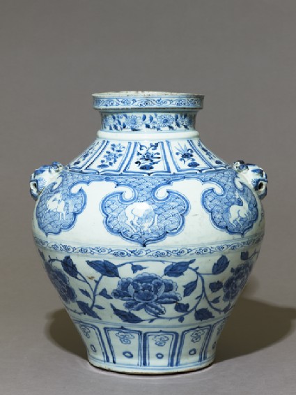 Blue-and-white jar with horses and flowersside