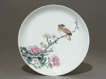 Dish with a bird on a branchtop