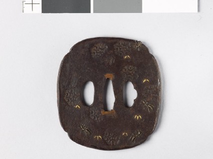 Mokkō-shaped tsuba with snow crystals, ants, and leavesfront