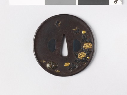 Round tsuba with peony plant and butterfliesfront