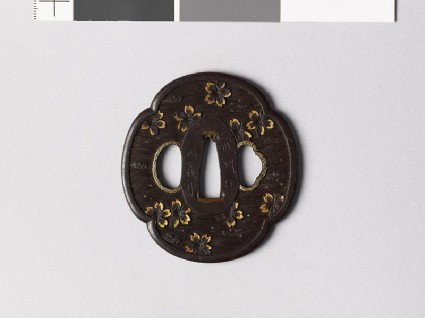 Mokkō-shaped tsuba with cherry blossoms floating on waterfront