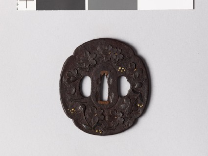 Mokkō-shaped tsuba with cherry blossoms, pine needles, and dewdropsfront