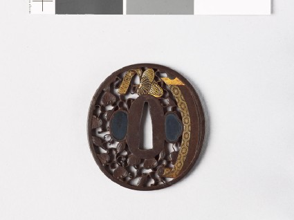 Tsuba with noble's headgear, roller blind, and mon formed from aoi, or hollyhock leavesfront