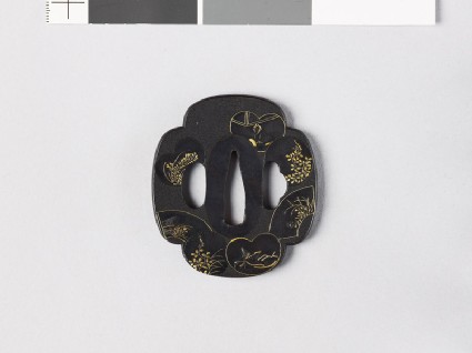 Mokkō-shaped tsuba with fan mounts depicting flowers and three of the Six Poetsfront