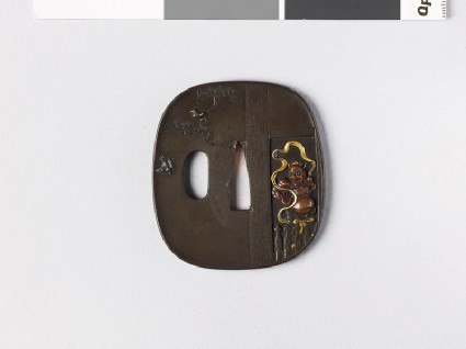 Aori-shaped tsuba depicting a statue of a Ni-ō, or Guardian God, by a templefront