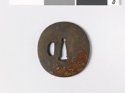 Tsuba depicting the luck god Hotei gazing at a crescent moonfront