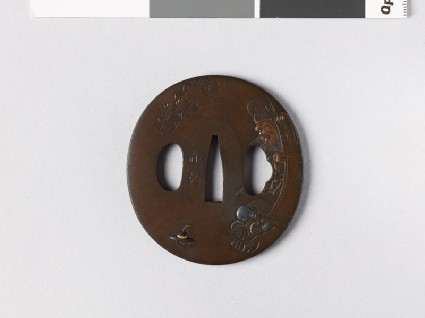 Tsuba depicting the god of luck, Jurōjin, with a picture of Mount Fujifront