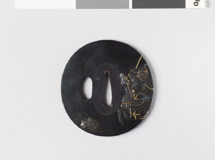 Tsuba depicting the Chinese hero Chao Yün galloping through smokefront