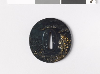 Tsuba depicting an armed warrior standing by the seafront
