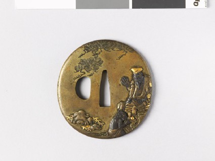 Tsuba depicting Takeshiuchi-no-Sukune receiving gems from a demonfront