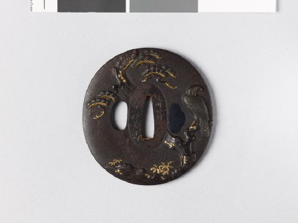 Lenticular tsuba with a hawk on a pine treefront