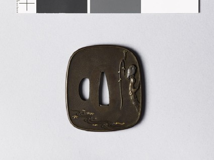 Aori-shaped tsuba depicting a pigeon perched on a willow treefront