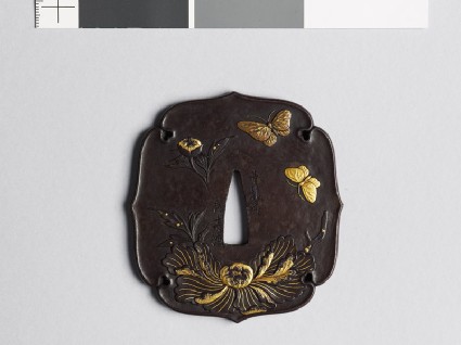 Aoi-shaped tsuba with peonies and butterfliesfront