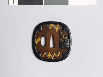 Mokkō-shaped tsuba with flowers and basketwork, and a removable borderfront