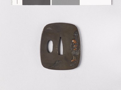 Aori-shaped tsuba depicting a fisherman with his cormorantfront